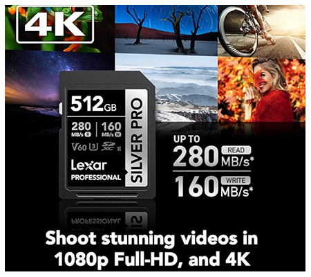Lexar SDXC 512GB Professional Silver PRO UHS-II V60 (Read 280MB/s and Write 160MB/s)
