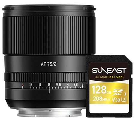 TTArtisan AF 75mm f/2 for Sony E Mount Full Frame Bundling Suneast SDXC 128GB 208MB/s
