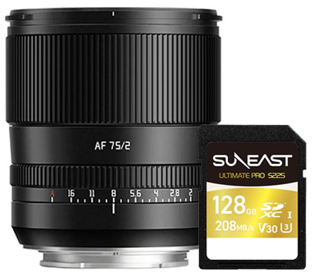 TTArtisan AF 75mm f/2 for Sony E Mount Full Frame Bundling Suneast SDXC 128GB 208MB/s